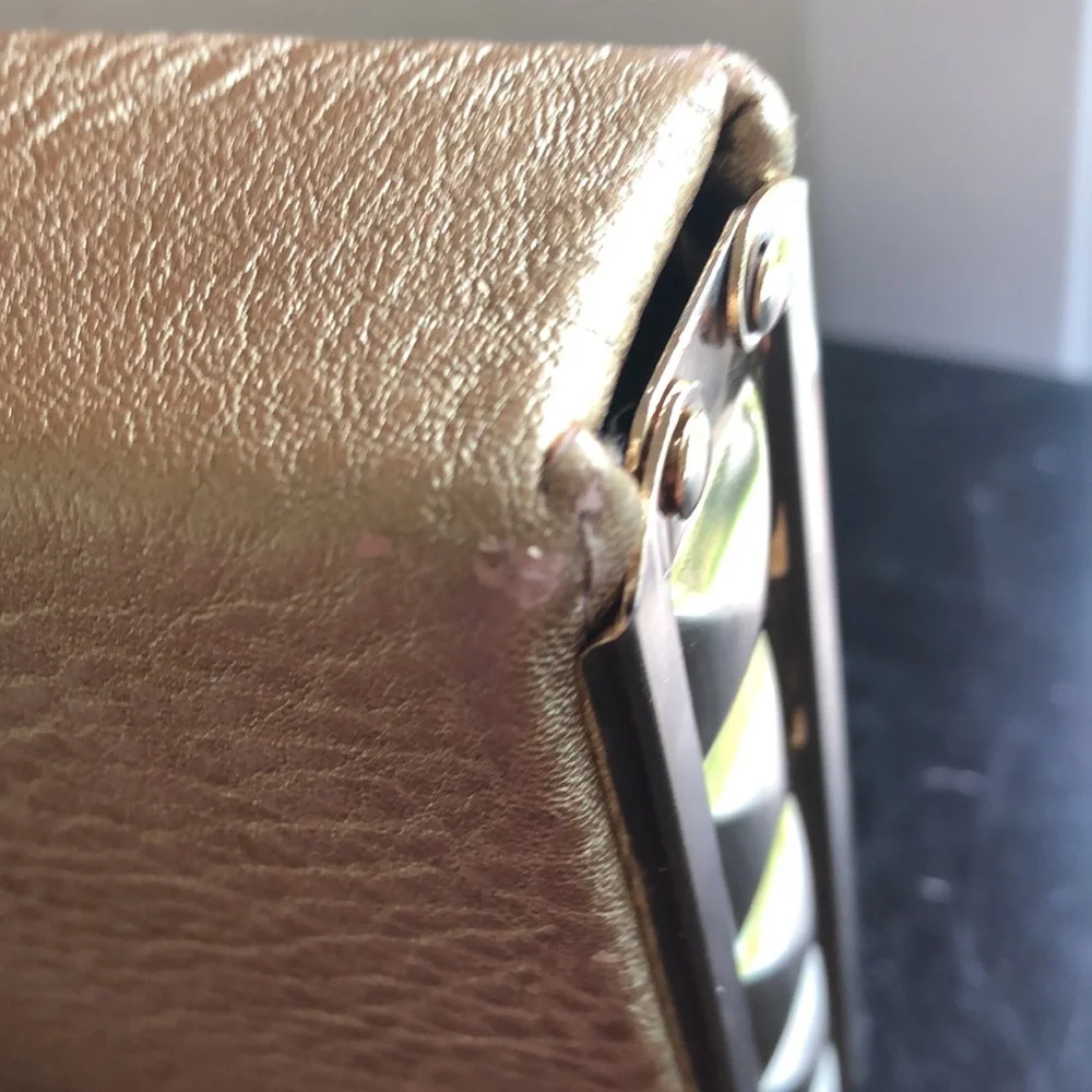 MMS gold metal and leather box clutch with cross body chain. OS - Picture 7 of 11